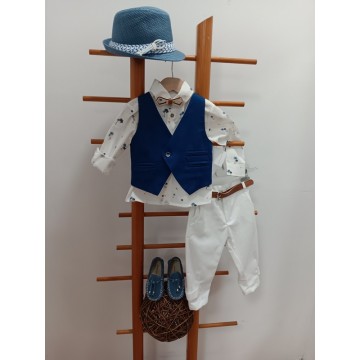 Makis Tselios Σετ βάπτισης Μπλε Ρουά γιλέκο με λευκό παντελόνι και φοίνικες στο  πουκάμισο